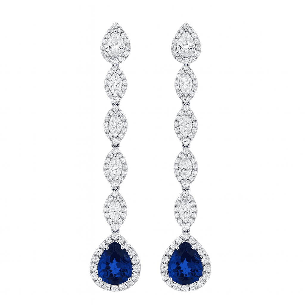 Handmade 18K White Gold Sapphire Fan Earrings, 4.04ct