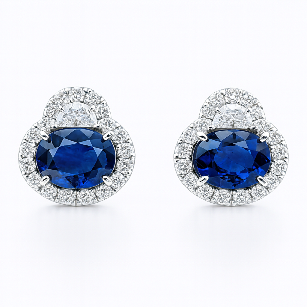 Handmade 18K White Gold Blue Sapphire Earrings, 3.28ct