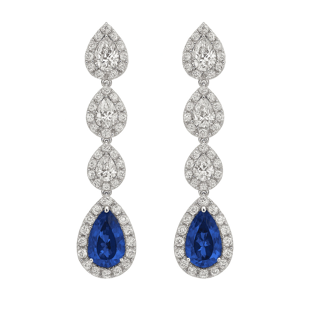 Handmade 18K White Gold Blue Sapphire Earrings, 4.29ct