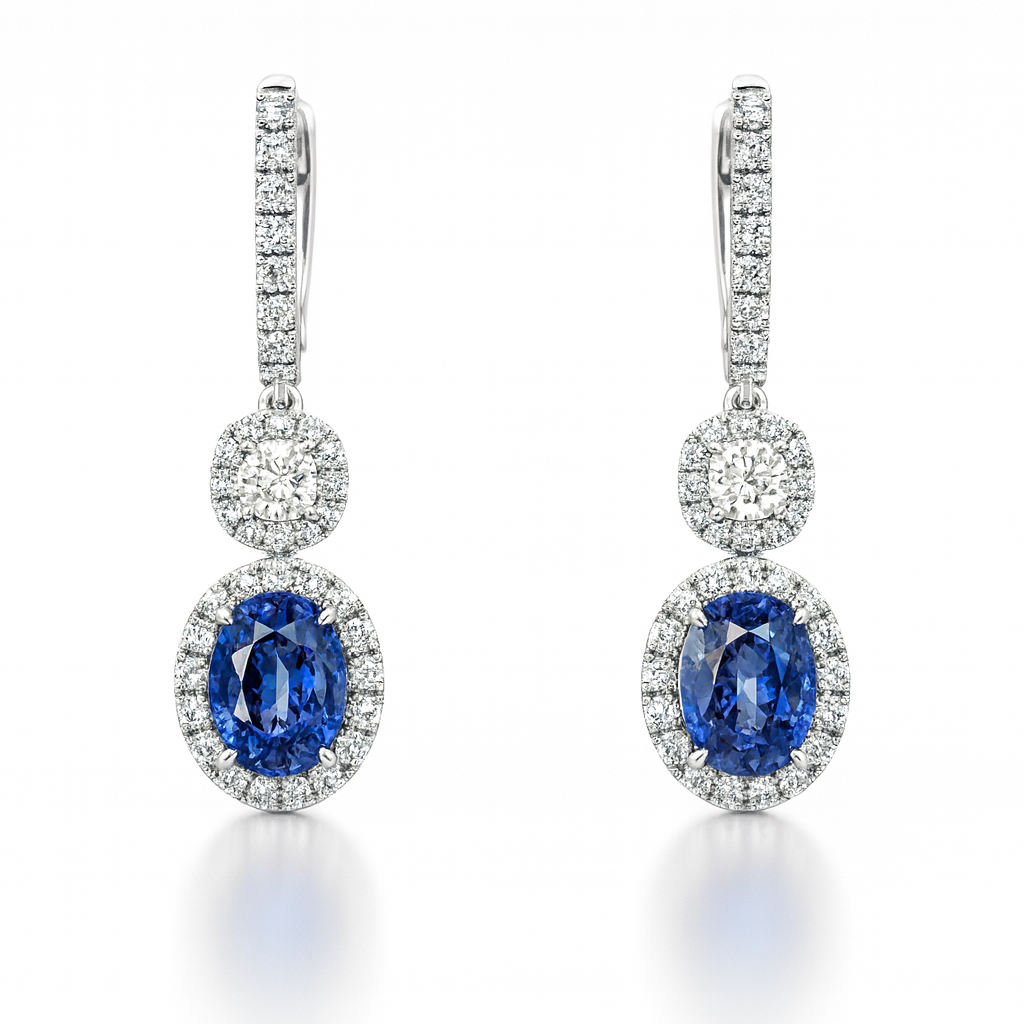 Handmade 18K White Gold Blue Sapphire Earrings, 4.21ct