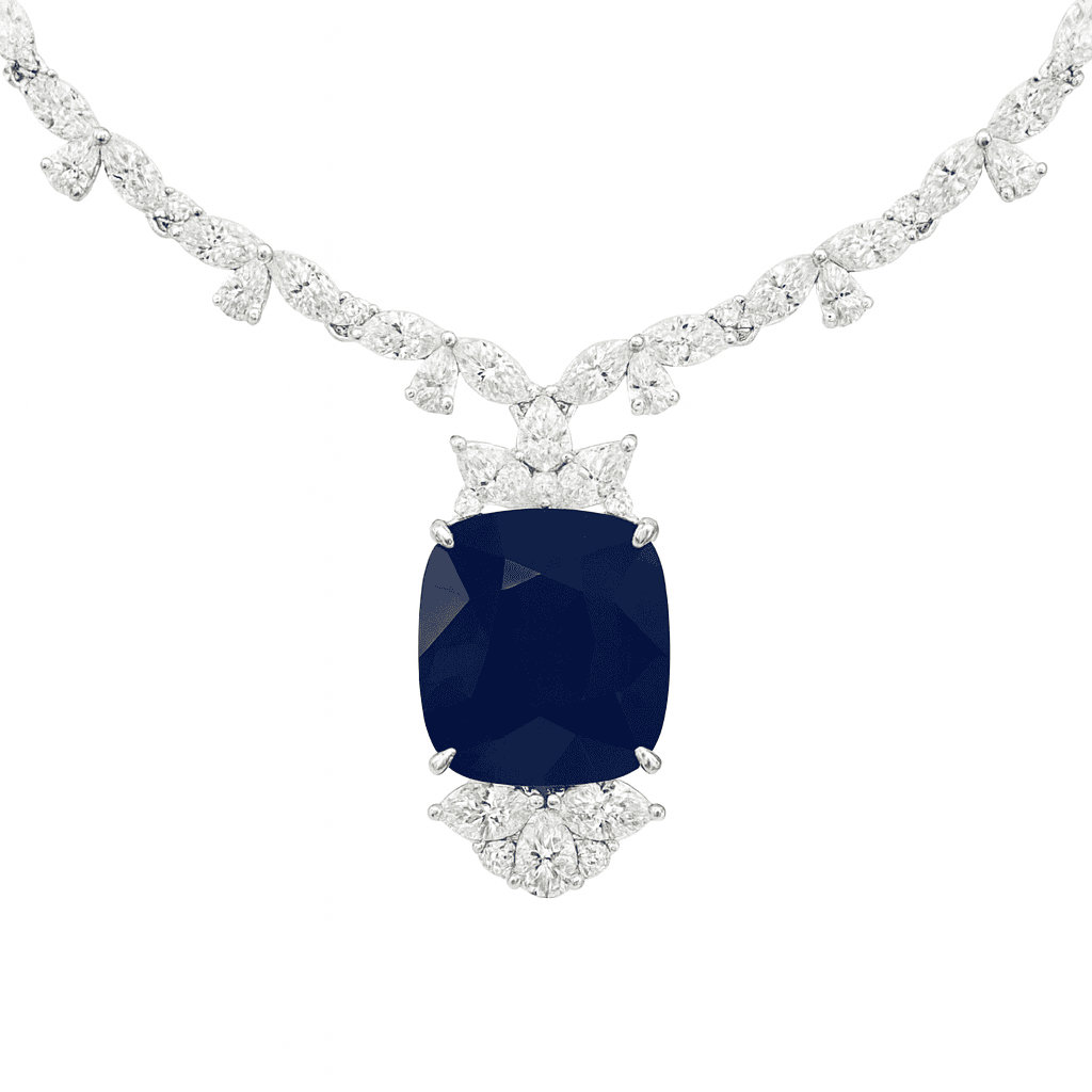 Handmade 18K White Gold Blue Sapphire Necklace, 20.6ct