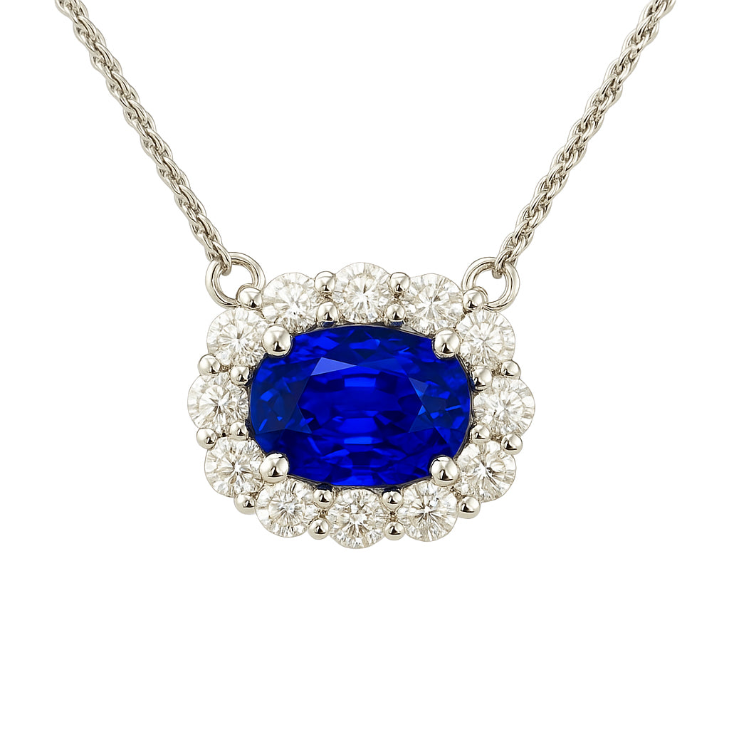 Handmade 18K White Gold Blue Sapphire Necklace, 1ct