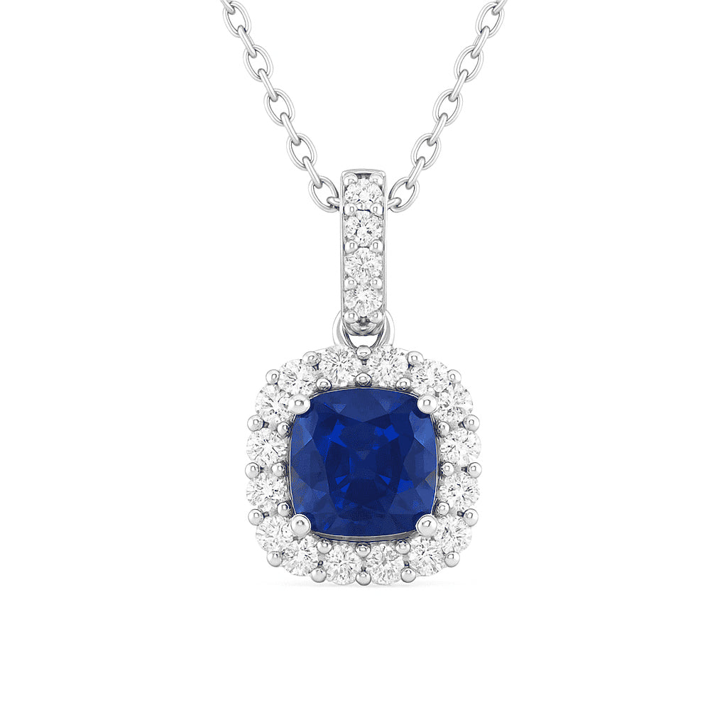 Handmade 18K White Gold Blue Sapphire Diamond Pendant, 1.54ct