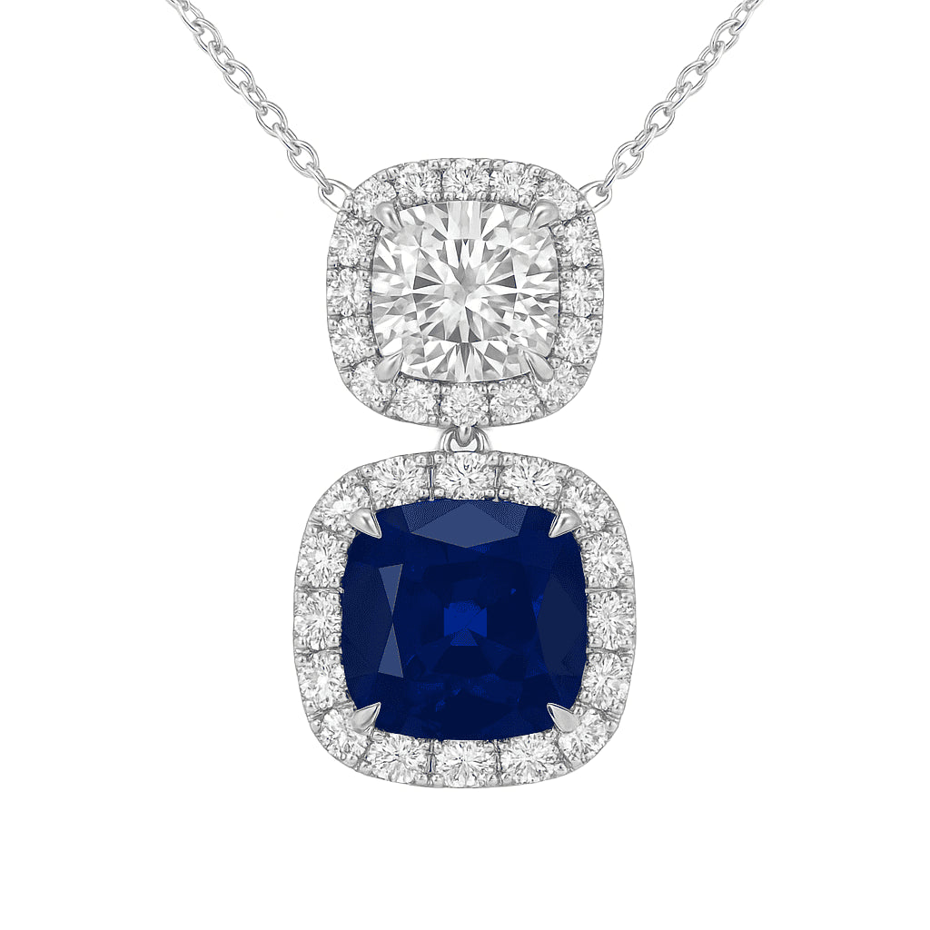 Handmade 18K White Gold Blue Sapphire Diamond Pendant, 3.13ct