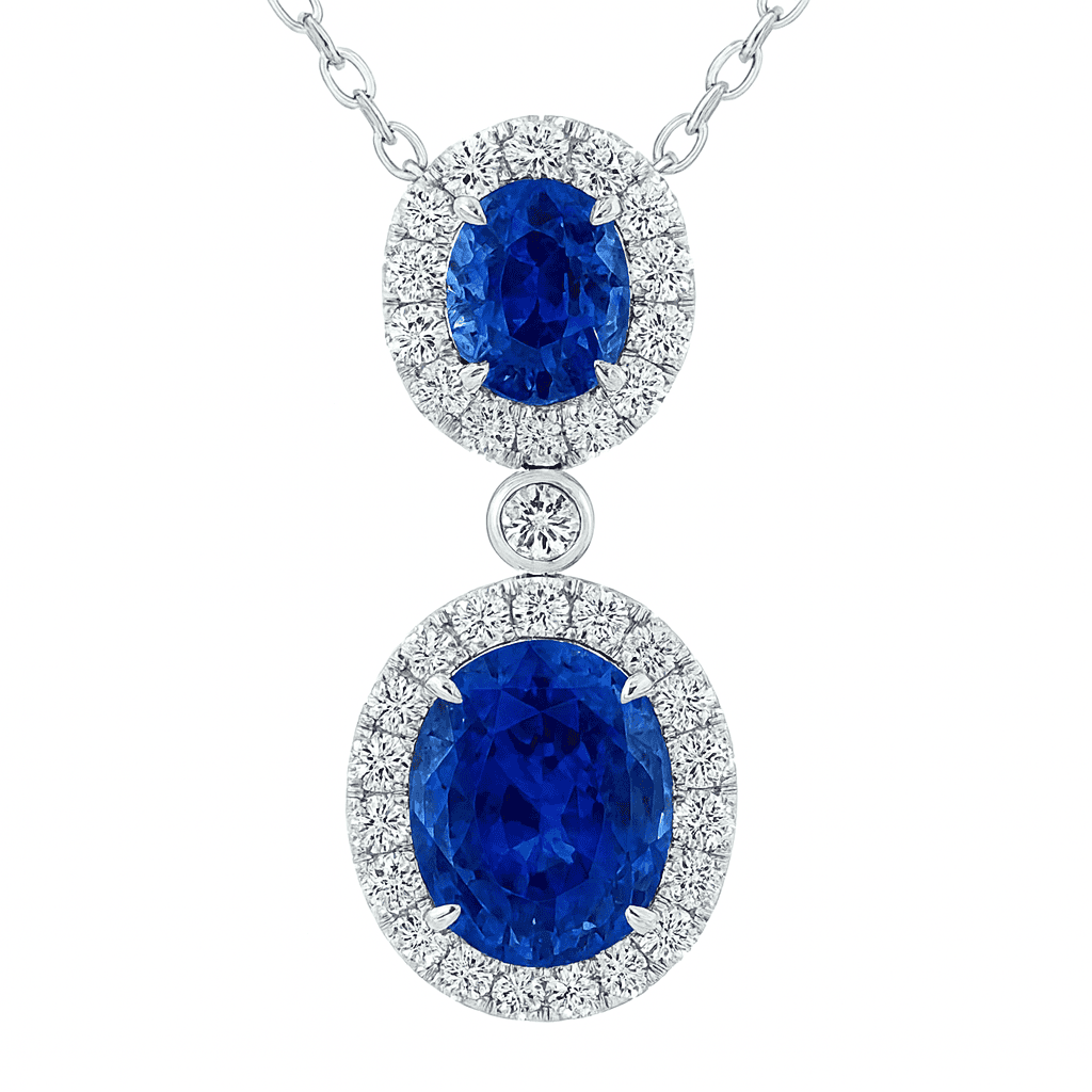 Handmade 18K White Gold Blue Sapphire Diamond Pendant, 3.08ct