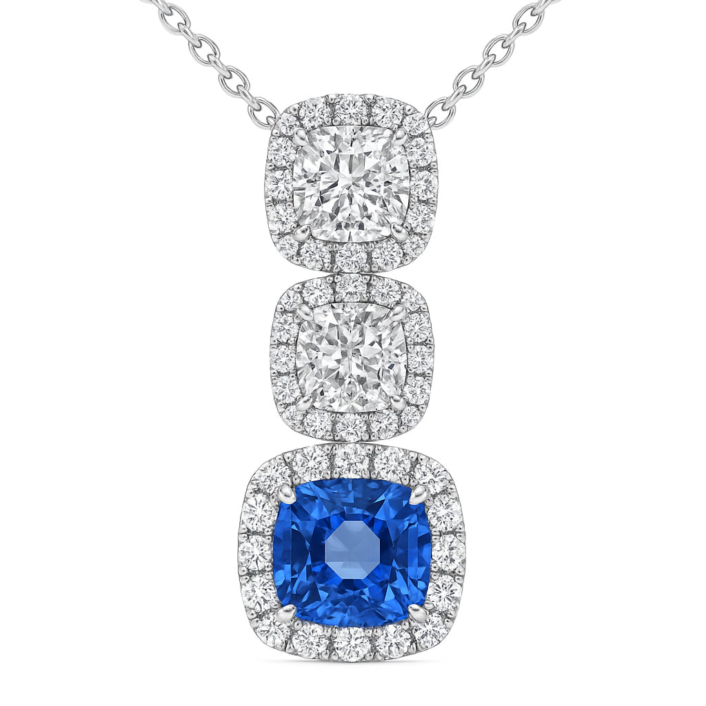 Handmade 18K White Gold Blue Sapphire Diamond Pendant, 2.2ct