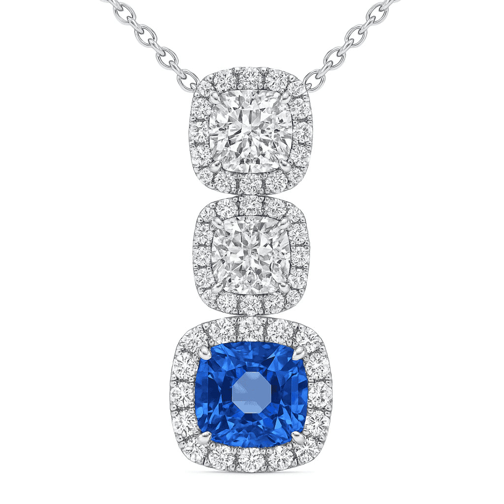 Handmade 18K White Gold Blue Sapphire Diamond Pendant, 2.2ct