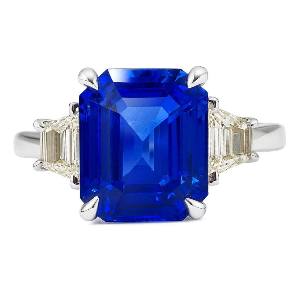 Handmade 18K White Gold Blue Sapphire and Trapezoid Ring, 5.97ct