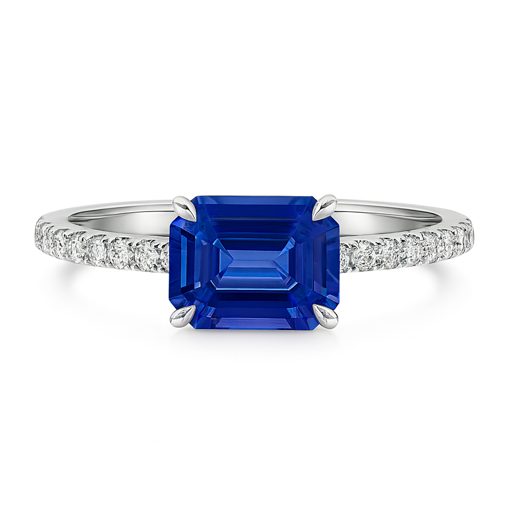 Handmade 18K White Gold Blue Sapphire Diamond Band Ring, 1.78ct