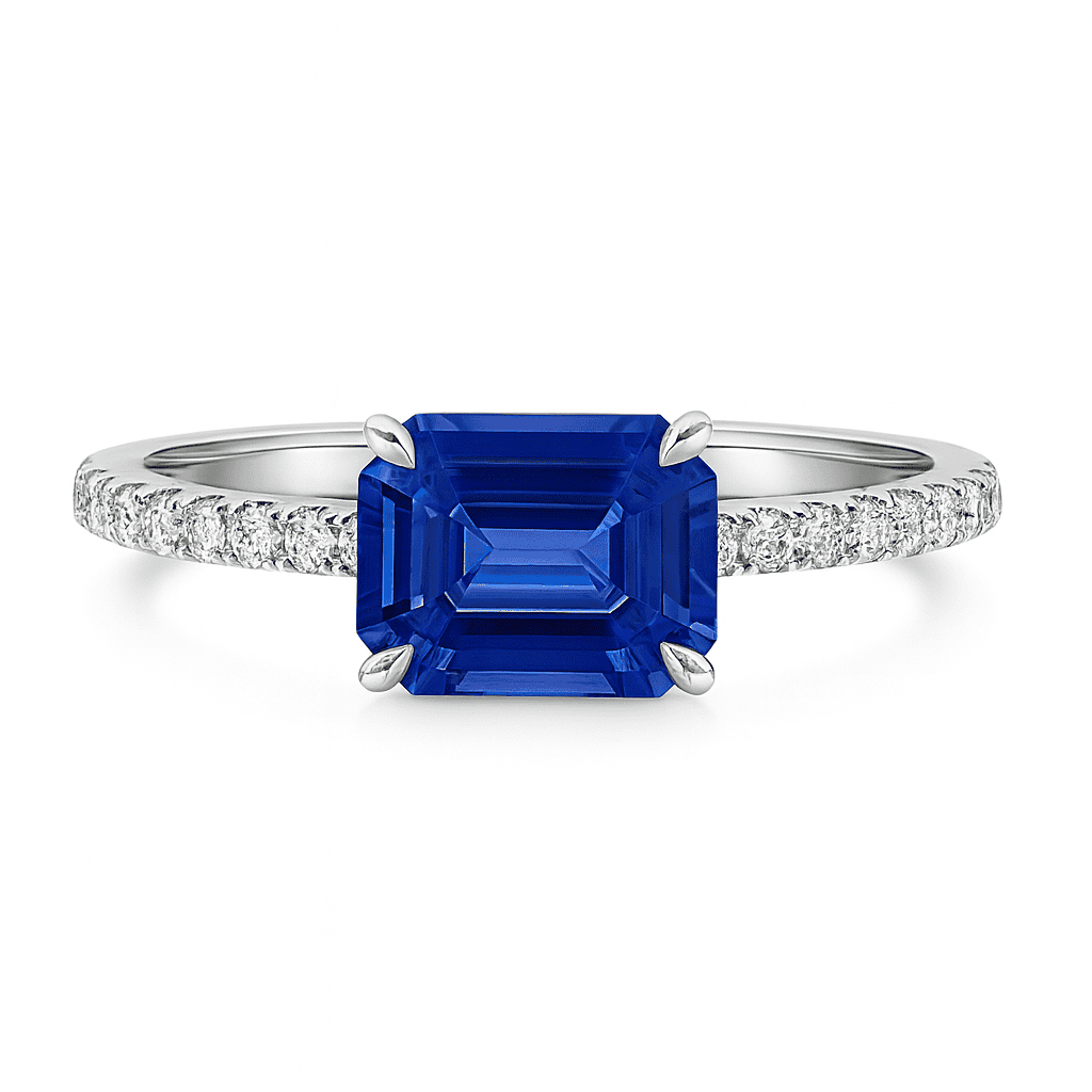 Handmade 18K White Gold Blue Sapphire Diamond Band Ring, 1.78ct
