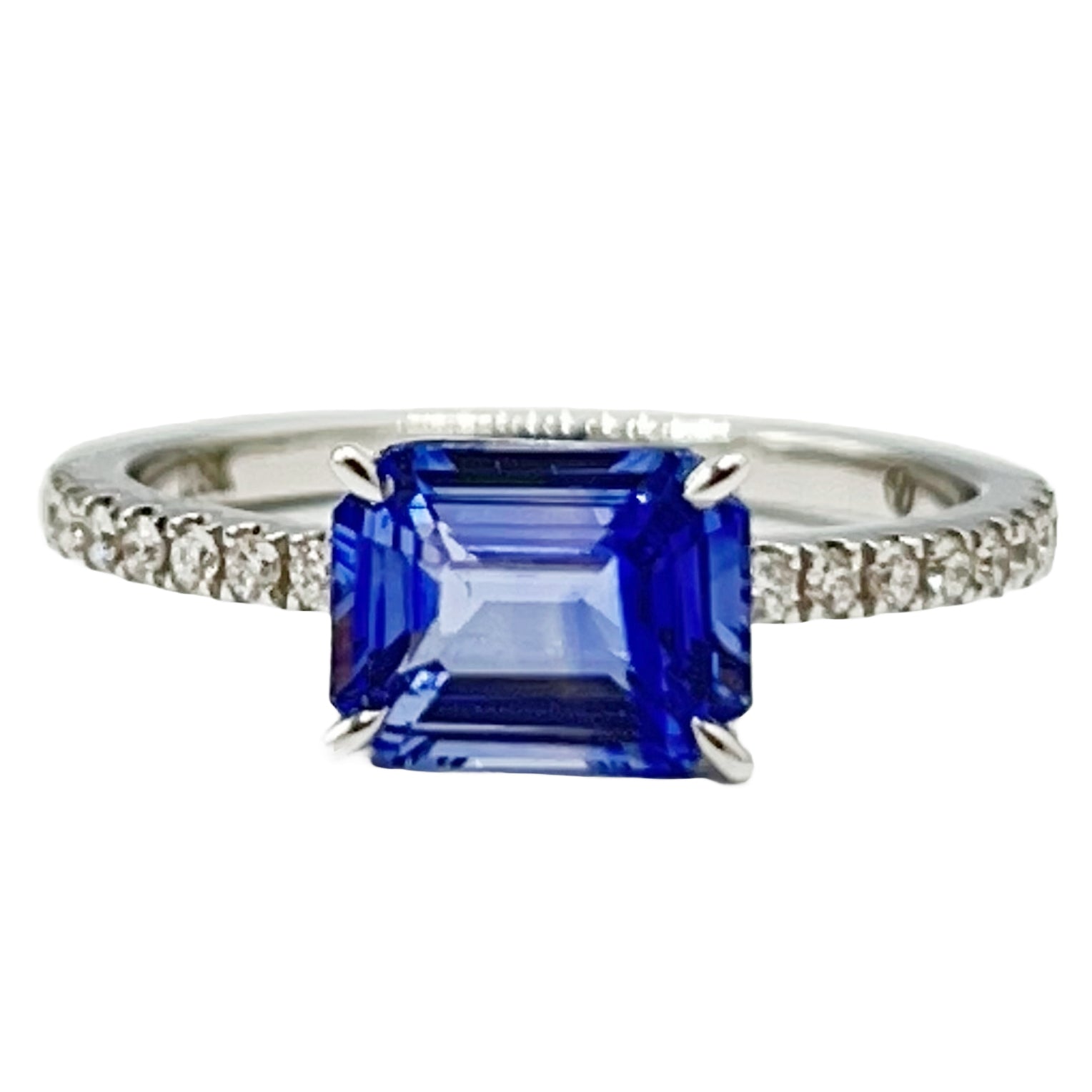 Handmade 18K White Gold Blue Sapphire Diamond Ring, 1.78ct