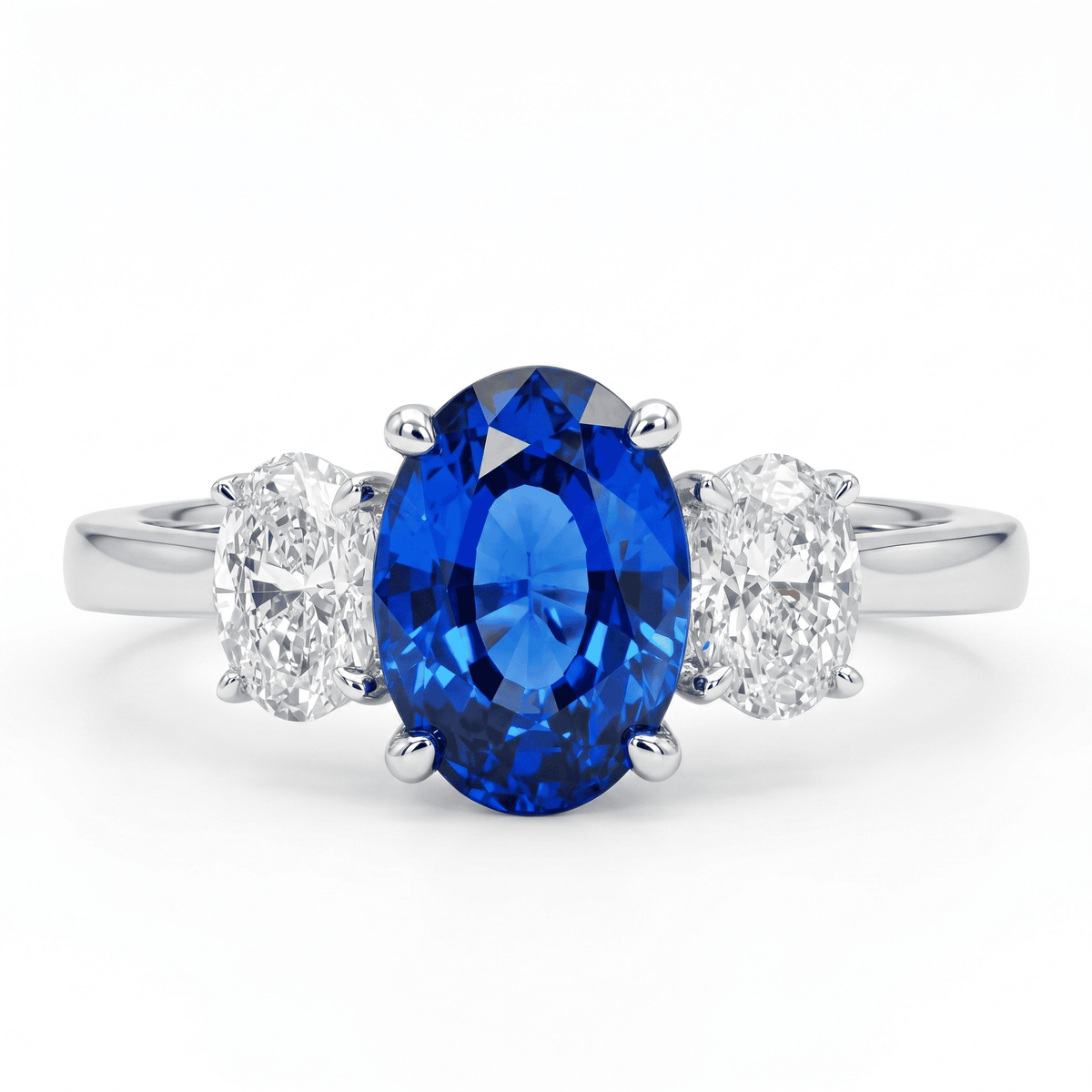 Handmade 18K White Gold Blue Sapphire 3 Stone Ring, 1.99ct