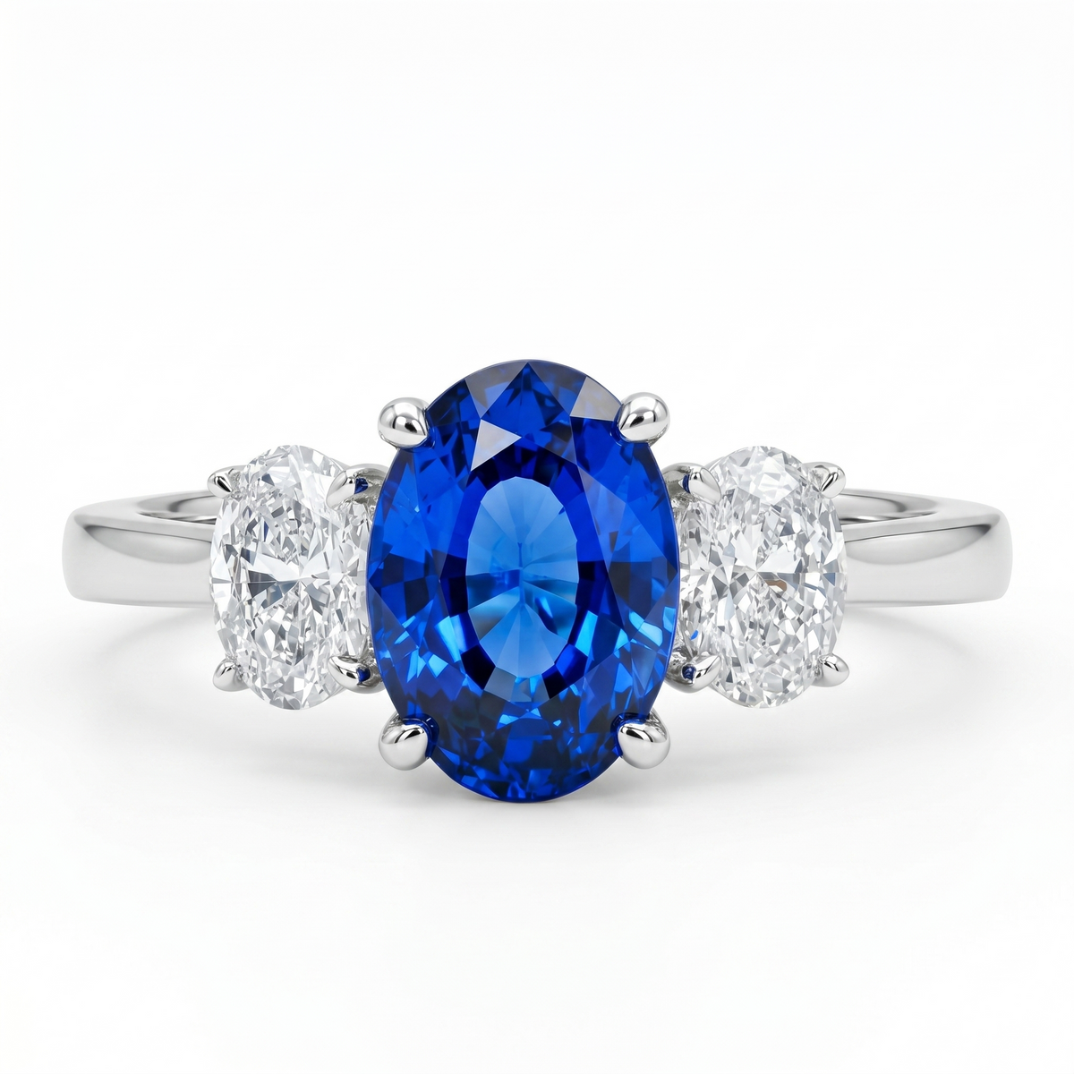 Handmade 18K White Gold Blue Sapphire 3 Stone Ring, 1.99ct