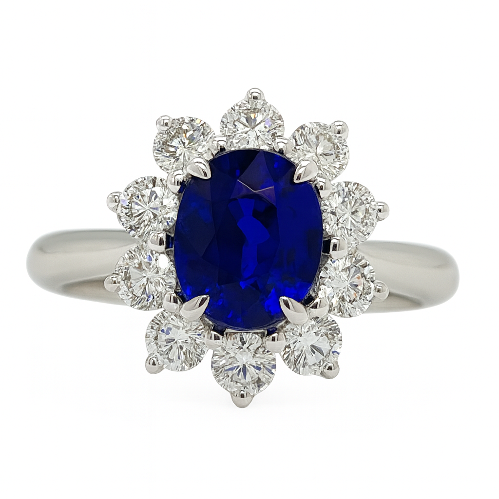 Handmade 18K White Gold Blue Sapphire Halo Ring, 1.96ct
