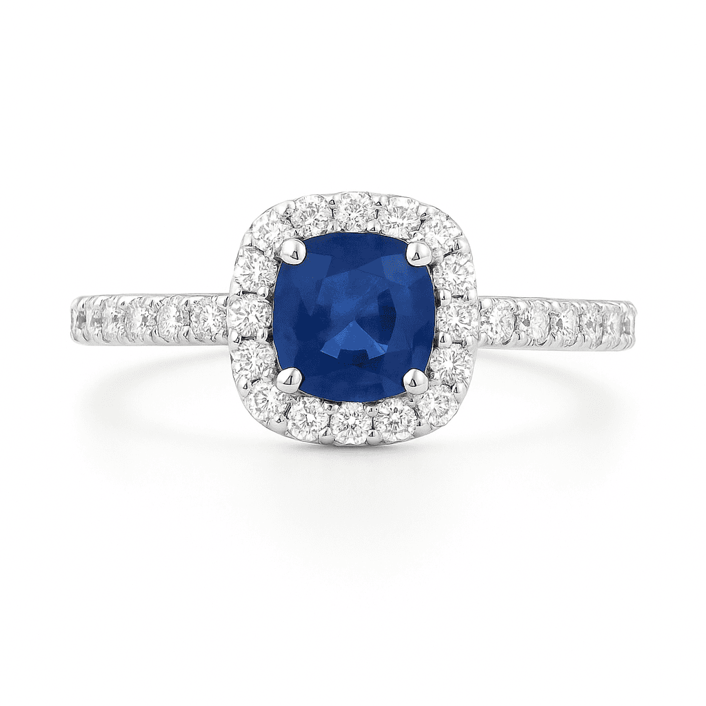 Handmade 18K White Gold Blue Sapphire Diamond Ring, 1ct