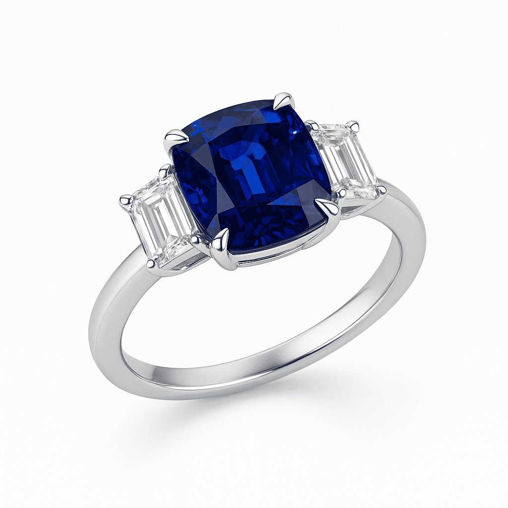 Handmade 18K White Gold Blue Sapphire 3 Stone Ring, 3.61ct