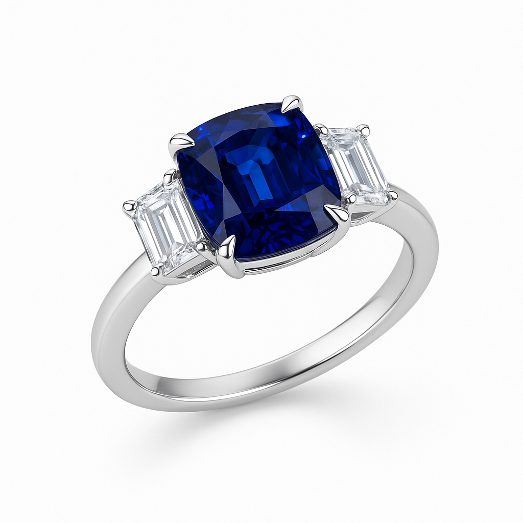 Handmade 18K White Gold Blue Sapphire 3 Stone Ring, 3.61ct