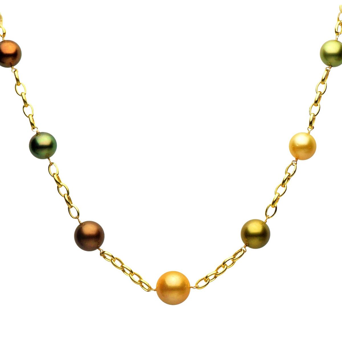 14K Yellow Gold Multi-Colored Pearl Necklace, 12-15mm
