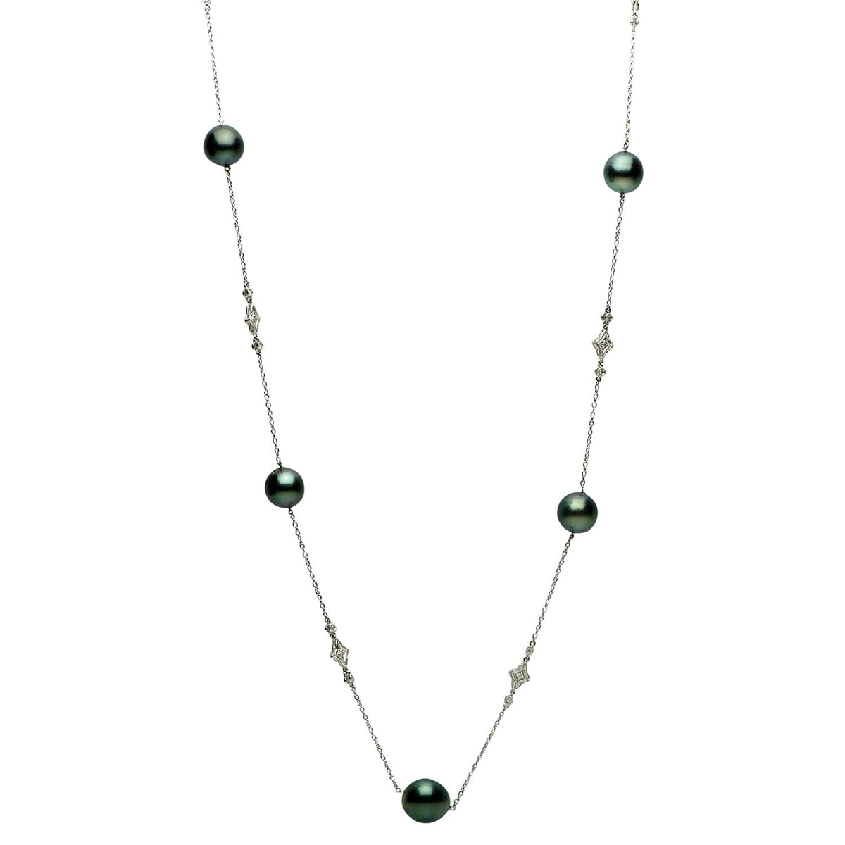 14K White Gold Tahitian Pearl Tincup Necklace, 11-12mm