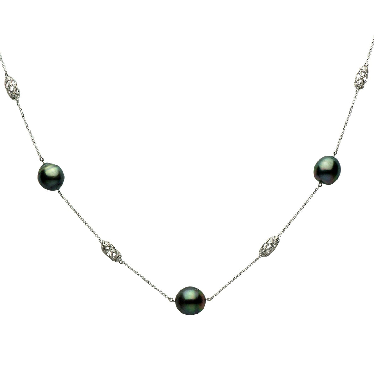 14K White Gold Tahitian Pearl Tincup Necklace, 11-12mm
