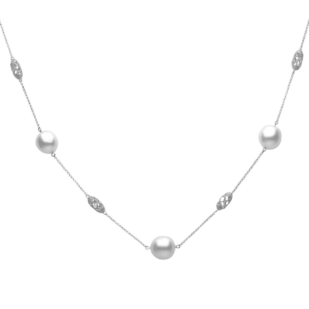 14K White Gold South Sea Pearl Tincup Necklace, 11-12mm