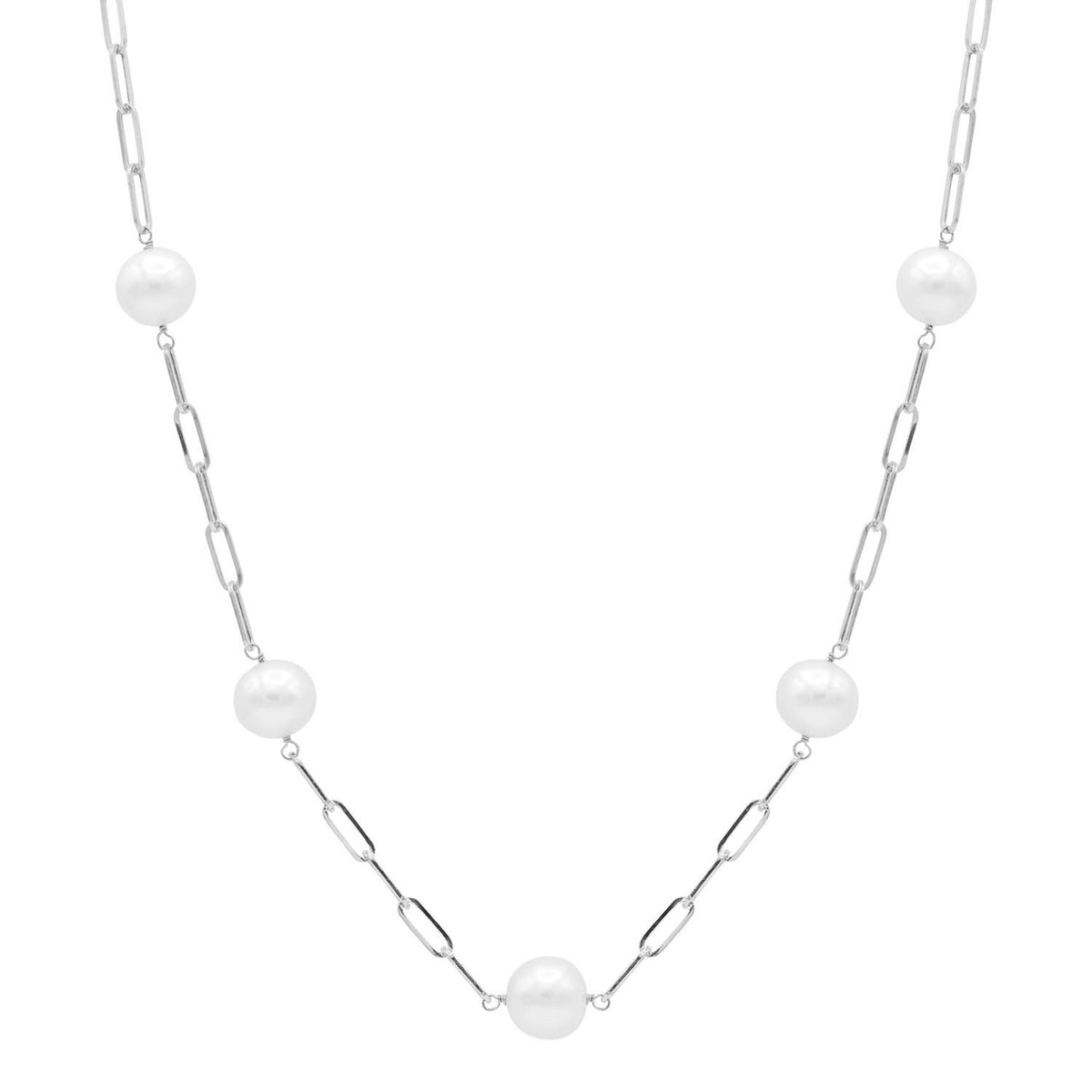 14K White Gold Paperclip Pearl Tincup Necklace, 10.50-11.50mm