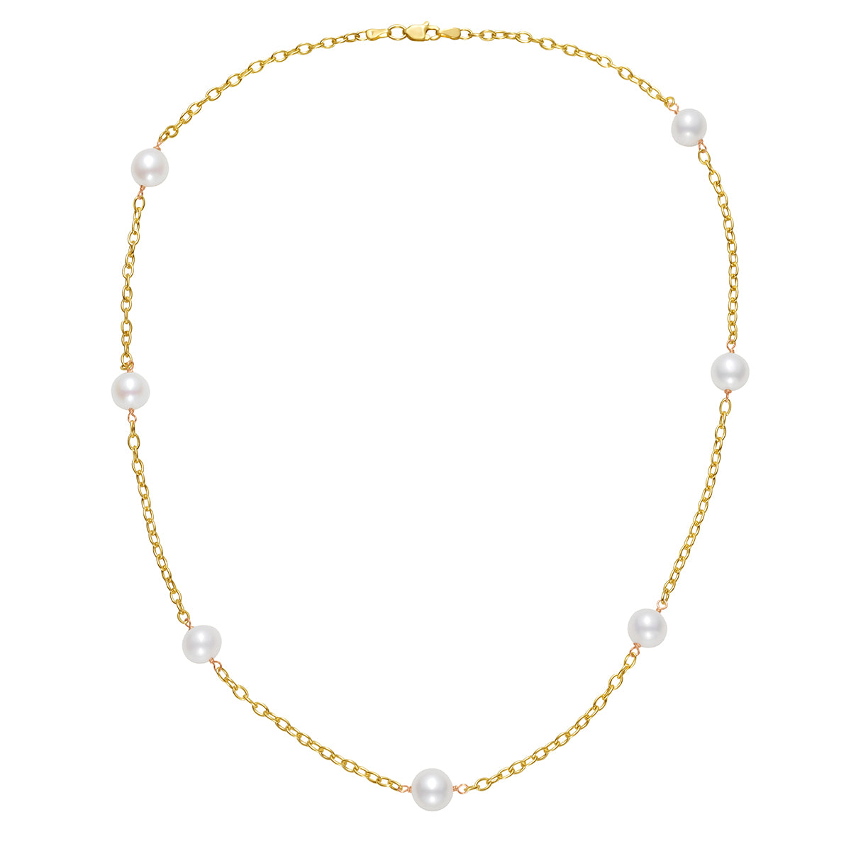 14K Yellow Gold Tin Cup White FW Pearl Necklace, 8-9mm