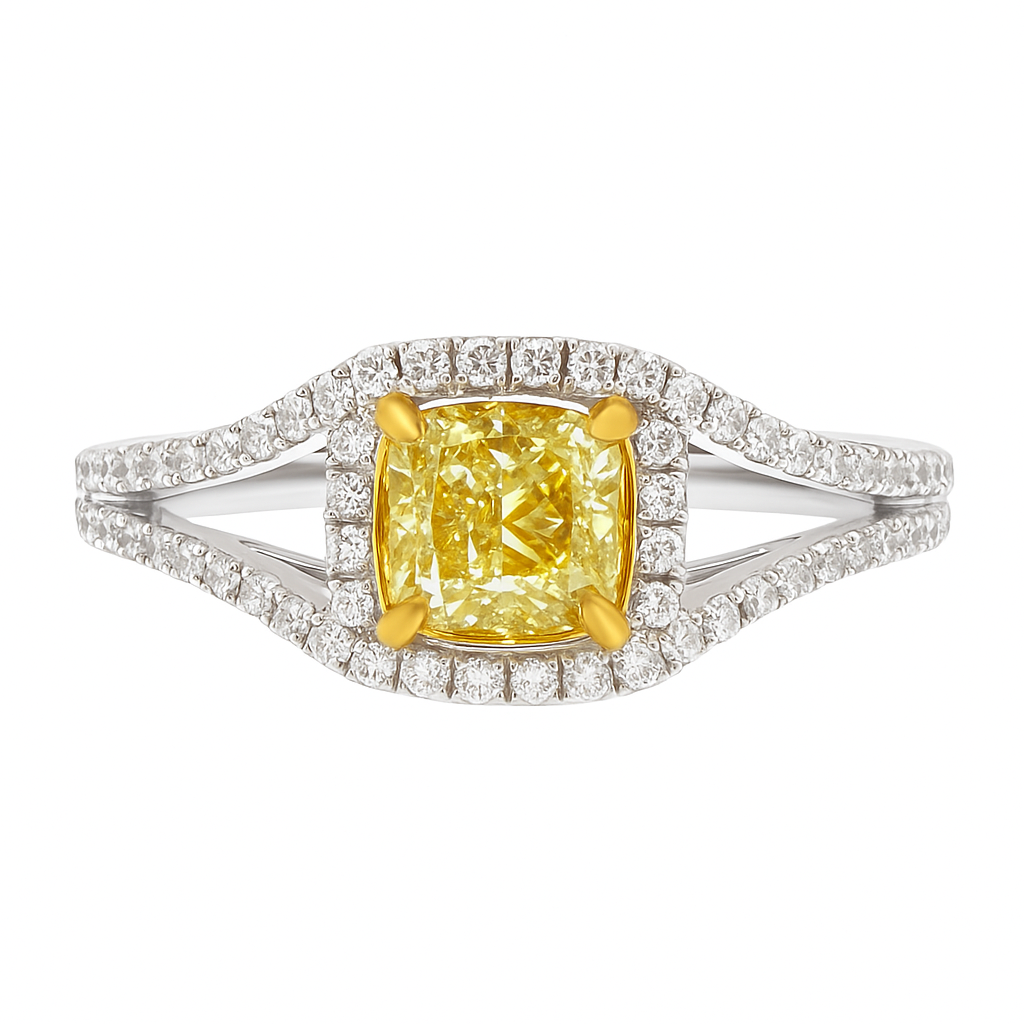 Handmade 18K White GoldY Yellow Diamond Ring, 0.85ct