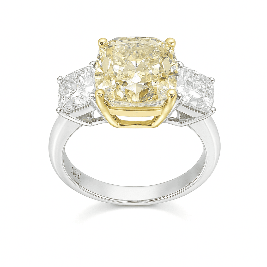 Handmade 18K Yellow Gold Yellow Diamond Three Stone Ring, 4.02ct